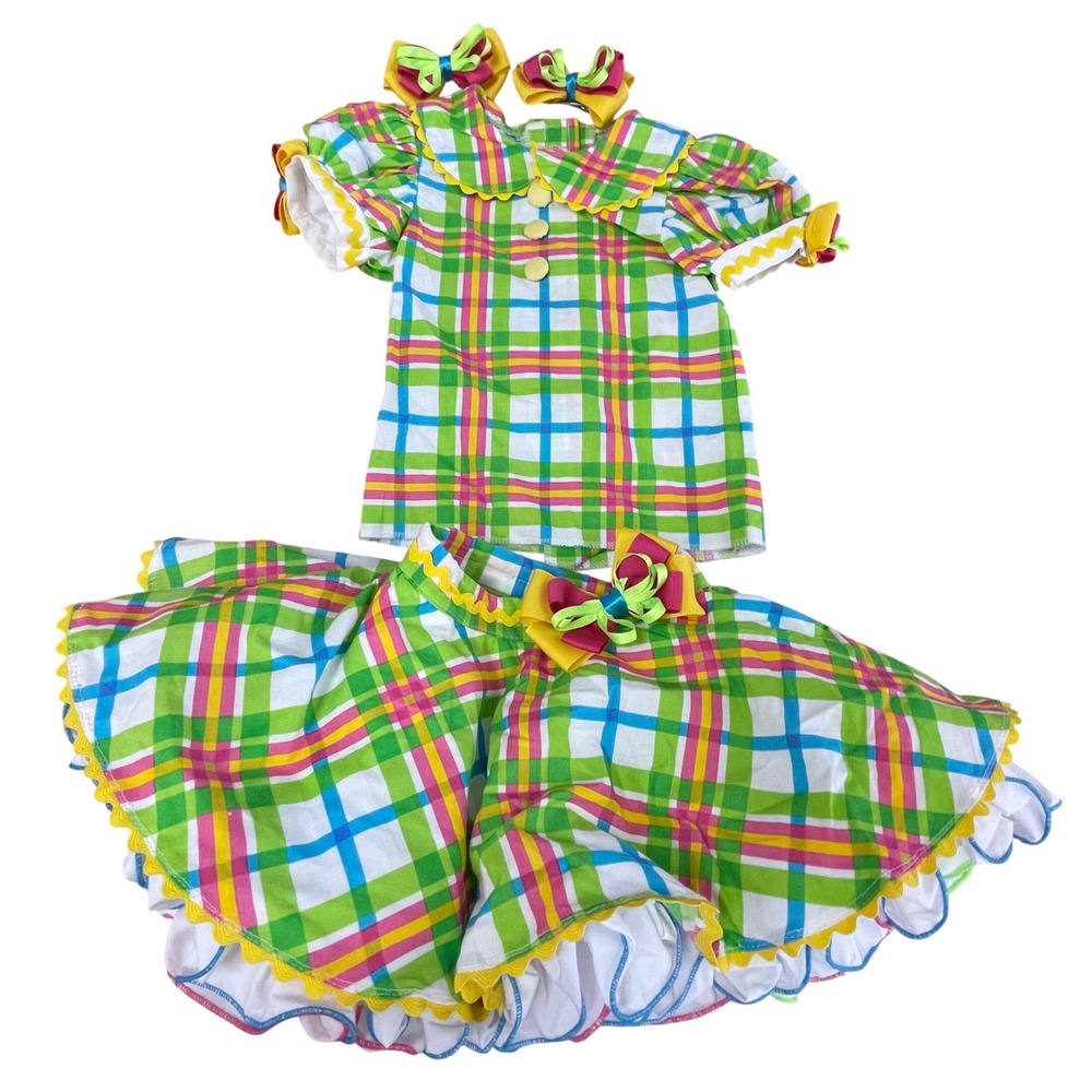 Girls Plaid Ruffle Skirt Set with Matching Hair Bows Pageant Outfit Dance